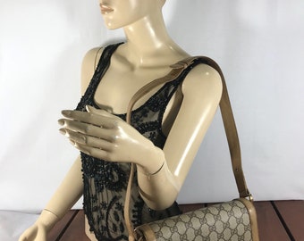 GUCCI Rare Flap GG LogoHard to Find 70s Vintage Authentic Tan Canvas and Leather Trim Shoulder Bag Made in Italy