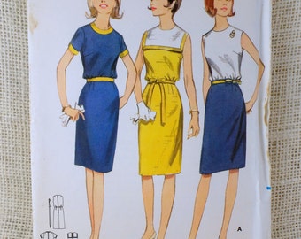 Vintage Pattern Butterick 3888 1960s shift dress Bloused bodice belted contrasting trim pilgrim collar Bust 32