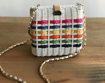 White Woven Rattan Purse with Chain Strap / Colorful Striped Rattan Handbag