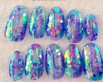 Sparkly Glitter Starry Glass Gel Nail Art Press on false fake nails