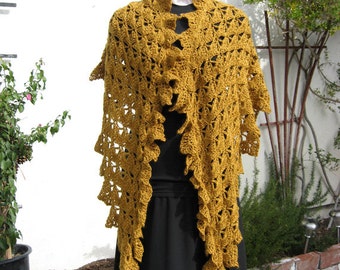 Crocheted Shawl, Gold Toned Wool Tencel Blend, Ruffled Chevron Shape, Lacy Crochet Stitch, Hand Made, Original Stitch and Design, Handmade