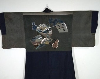 H307 Vintage Japanese Men's Blue Kimono Jacket Haori | Floral Kimono Haori | Kimono Cardigan | Short Kimono Robe | Short Sleeve