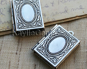 Book Locket Pendants Charms Antique Silver - LKBS-104AS - 2pcs