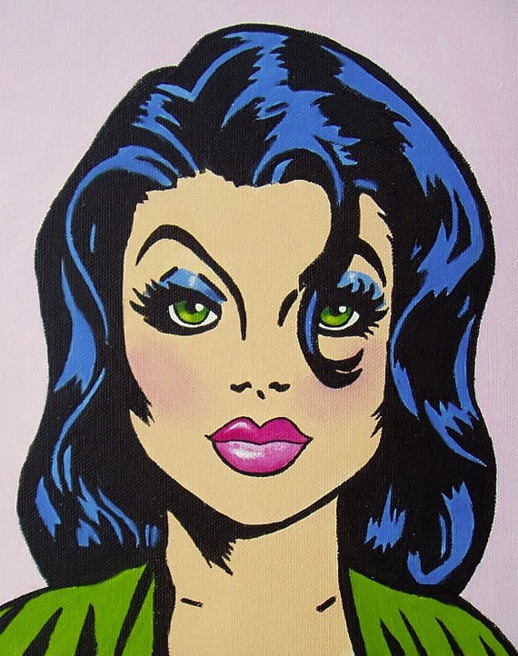 Items similar to brunette Comic Pop Art Girl green eyes Acrylic ...