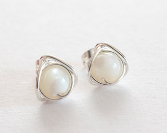 Mother Of Pearl Stud Earrings, Pearl Post Earrings, Silver Wire Wrapped Stud Earrings