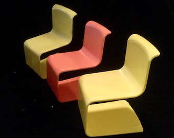 Barbie Doll Chairs, 3 1973 Mattel Plastic Furniture Yellow Orange