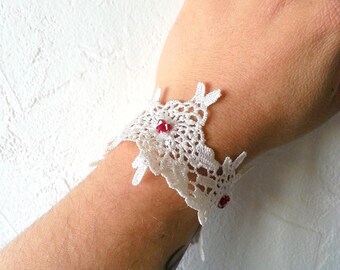 Lace bracelet cuff and Red swarovski beads