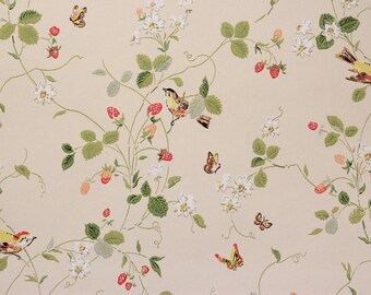1970s Vintage Wallpaper Strawberry Vine Butterflies Birds on Cream Background
