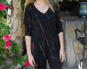 Tunics, Tunic Top, Tie Dye Tops, Tie Dye Tunics, Tunic Top Black with Brown , V neck top, XS S XL 2X 3X