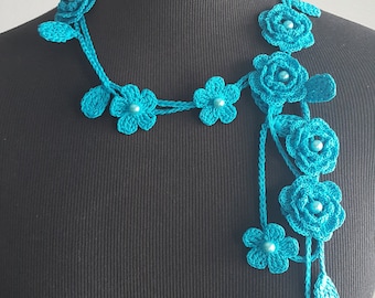 Crochet Rose Necklace,Crochet Neck Accessory, Flower Necklace, Aquamarine Color, 100% Cotton.