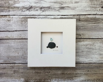 Seaglass and pebble Art, Art for Small Space, Original Art, Sharon Nowlan, 5 by 5, Nova Scotia Art, Folk Style, Laundry room Art, seabird