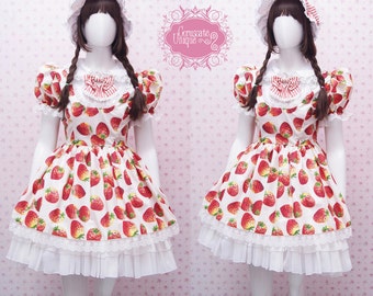 Kawaii Strawberry Dress with White Chiffon Ruffle Skirt and Lace - Strawberry Shortcake Dress - Sweet Lolita Dress -Custom to your size