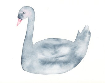 Blushing Swan, Original Bird Painting, Watercolour, Grey Blue and Pink