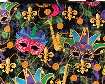 Mardi Gras masquerade mask fabric, New Orleans fabric, Fat Tuesday, carnival fabric, saxophone, fleur de lis fabric