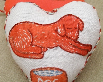 Doggie Heart, original hand embroidered, linocut, ornament