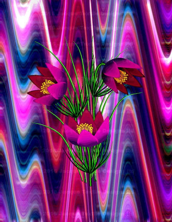 Textile Artist Made 4 Fabric 100% Cotton Sateen Art Prints Panel Tulip Purple Green Violet Flower Quilting