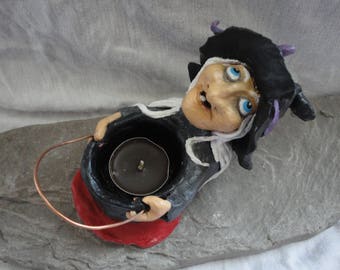 Candle holder Witch and her cauldron in papier mache