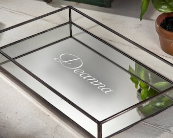 personalized glass tray vanity organizer mirrored tray with clear glass sides display storage dresser tray home