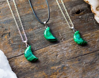 Malachite Green Moon Necklace Polished Pendant Jewelry Natural Crystal Healing Crescent Taurus Aries April May Birthday Unique Unisex Gift