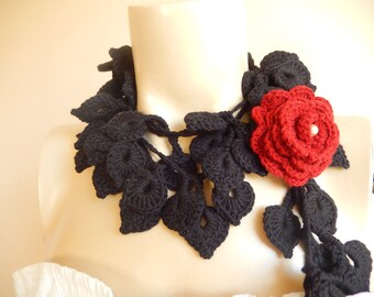 Black Crochet Scarf-Leaves Necklace Scarf-Lariat Neklace Scarf-Handmade Long Scarf with Brooch