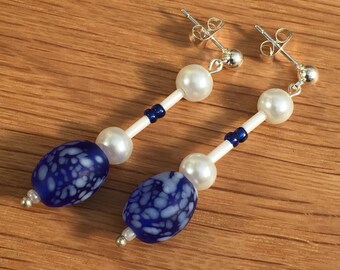 Hand Crafted Blue and Cream Beaded Earrings.