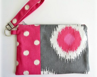Pink and Gray Fabric Clutch/Wristlet