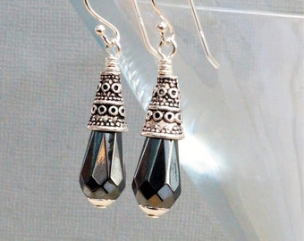 Haematite earrings, grey and silver earrings, briolette earrings, hematite drops, gunmetal grey earrings, elegant haematite earrings