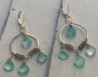 Aqua chalcedony and labradorite chandelier earrings.