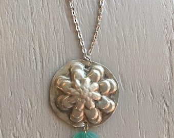 Silver medallion necklace, pendant necklace, floral necklace