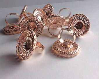 10 Brass Plated Filigree Ring bases / blanks, 30mm round,27mm pad, rose gold color, adjustable, jewelry findings, lead / nickel free, Greece