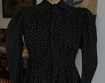 Antique Vintage 1800s VICTORIAN Calico Black BODICE Blouse shirt