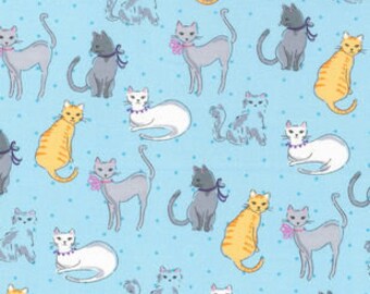 NOvelty Cats on blue fabric, By the Half Yard, 44" wide, 100% cotton