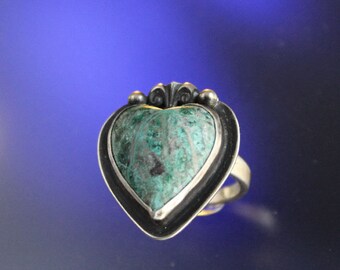 Heart Shape Parrot Wing Chrysocolla Stone Ring Handcrafted