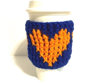 Blue coffee cozy, travel cup cozy, coffee cup sleeve, orange heart cozy, blue java cozy, blue cup insulator, java cozy, blue crochet cozy