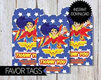 Wonder Woman Girls Birthday Party PRINTABLE Favor Tags- Instant Download | DC comics | DC Super Hero Girls | WonderWoman