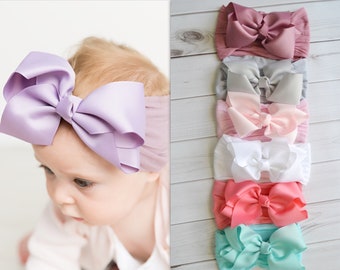 Nylon Bow Headbands, Large ribbon bow, One size fits all nylon headbands, wide nylon headband, baby headband, 5" BOW NYLON head wrap