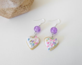 Earrings - purple polymerclay heart cookie