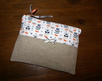 Zipped linen and grey and orange flowers