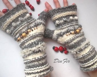 Women Size L 20% OFF Ready To Ship Gloves Bohemian Accessories Boho Hand Knitted Fingerless Mittens Warm Wrist Warmers Winter Striped 1249