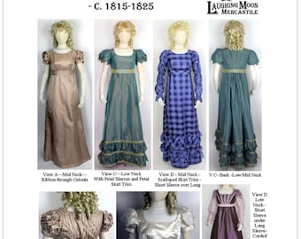LM138 Ladies' Back Closing Regency Gown with three neck options and five sleeve options. LAUGHING MOON PATTERN