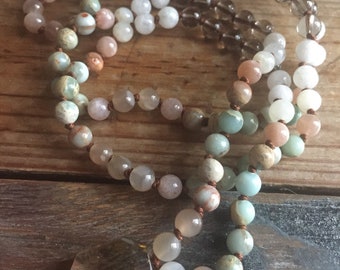 Sunstone, Moonstone, Aqua Terra Jasper + Smoky Quartz Beachy Ombre Mini Mala | 108 Bead | 6 mm Beads | Spiritual Junkies | Yoga + Meditation