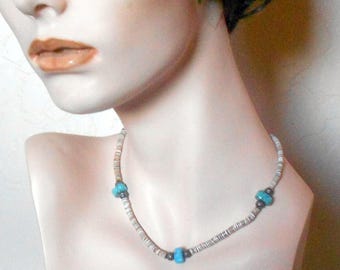 Vintage Necklace Santo Domingo Pueblo Old Pawn Turquoise, Pen Shell Heishi, and Handmade Sterling Silver Bead Necklace Southwestern Jewelry