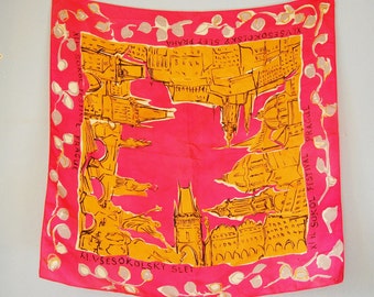 Vintage Scarf 1940s Pink and Yellow Architectural Sokol Festival 1948 Prague Gymnastics History