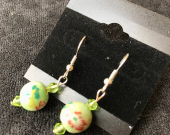 Green Spheres Decorated with Flowers Earrings