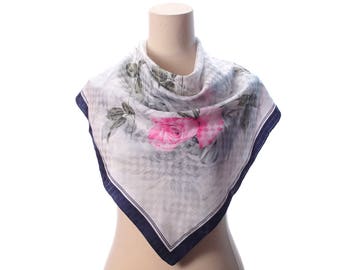 Rose Print Scarf 70s Floral Printed Lighteight White Navy Pink Rose Printed Vintage Neck Kerchief Retro Womens Gift