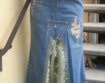 Denim and Brocade Maxi Skirt