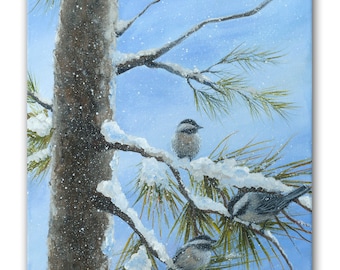 Chickadees in a Snowy Tree