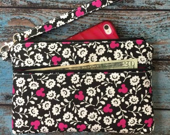 Wristlet; Mickey Mouse Wristlet Wallet; Phone Wallet; Zipper Pouch; iPhone 7 Wristlet; Cell Phone Purse; Phone Case; Wallet with Strap