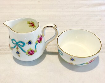 Staffordshire Cream and Sugar Set, Vintage Staffordshire Roses, Fine English Bone China, Blue Bow and Rose Pattern,