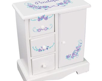 Personalized Girls Jewelry Armoire Lavender Floral Garland Purple Lilac Jewelry Box Boxes with drawers White Wood Design jewee-whi-319d